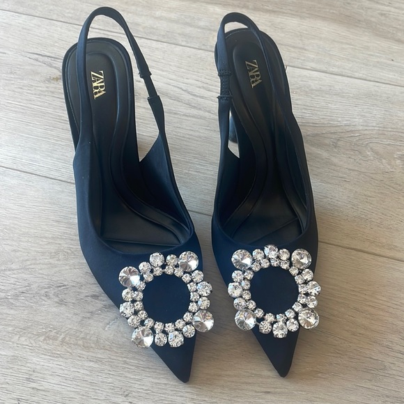 Zara Shoes - Zara Crystal embellished black silver metallic slingback heels pumps